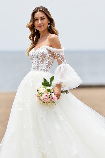 Ivory Tulle A Line Off the Shoulder Chapel Train Wedding Dress with Lace Appliques